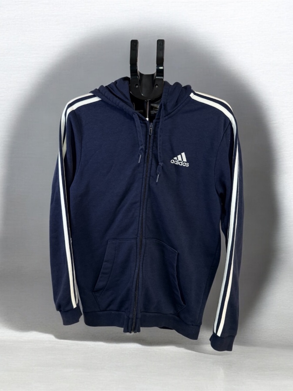 Adidas Navy Blue Full Zip Hoodie Jacket 3 Stripe Size M